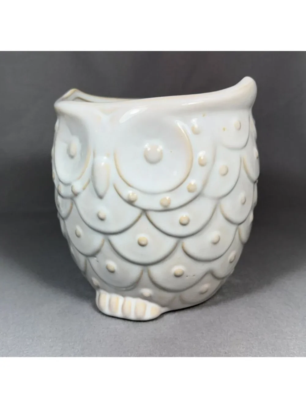 White Ceramic Owl Utensil Holder Crock Embossed Boho Farmhouse Kitchen Decor